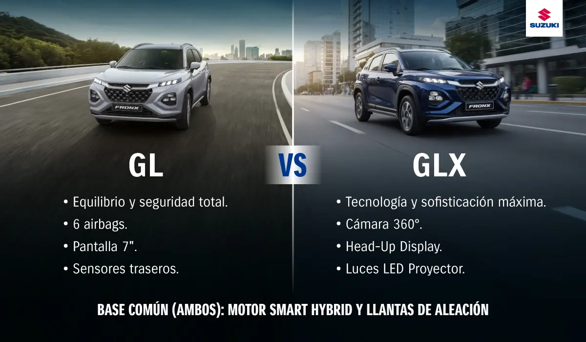 Características de las versiones del auto tipo SUV Suzuki Fronx Hybrid.