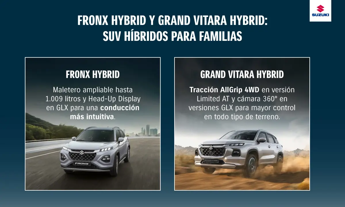 Autos para viajar en familia: Fronx Hybrid y Grand Vitara Hybrid.